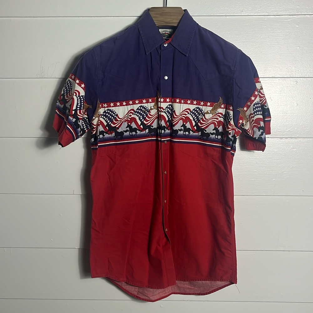 Vintage Western Horse American Flag Pearl Snap Button Shirt Medium